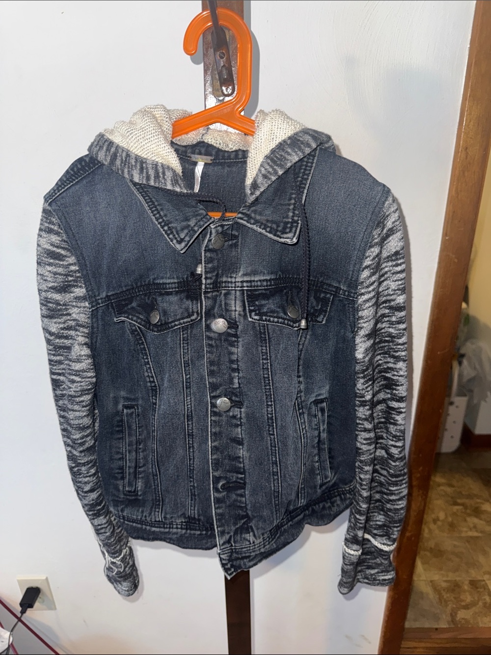 Free People Black Denim Jacket with Gray Knit Hoodie and Sleeves